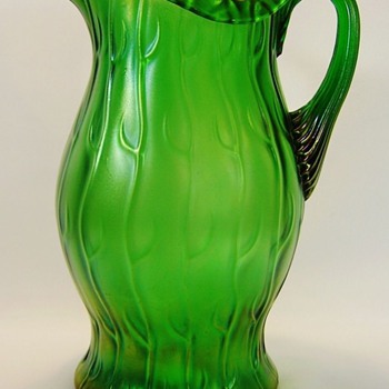 Nouveau Loetz Creta Neptune Rolled Rim Green/Golden Iridescent Pitcher 10.5" - Art Nouveau