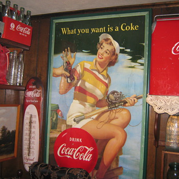 1953  Coca Cola fishing girl  29 wide  by 48 Long
