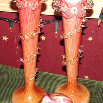 Bohemian Butterscotch Vases with Applied Rigaree - Art Glass