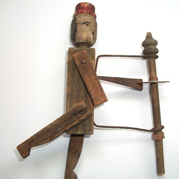 Antique Wooden Toy Noisemaker with Articulated Man - Folk Art