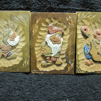 Three of Snow White's Seven Dwarfs in Vintage Wood Carvings from A.B. Stockholm - Advertising
