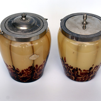 Pair of WELZ Translucent Lines & Spots cookie jar FWK Label - Art Glass