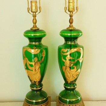 Pair 1940's Green Glass Grecian Lamps - Lamps