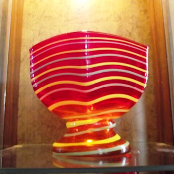 Kralik Glass Comport/Candy Bowl w/Applied Yellow & Green Striping