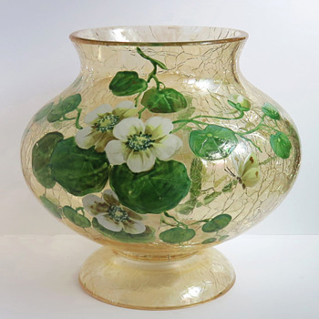 Moser Topaz Crackle Bowl with Nasturtiums - Art Glass