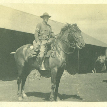 WWI U.S. Cavalry Coporal Trooper on Horseback with full gear RPPC
