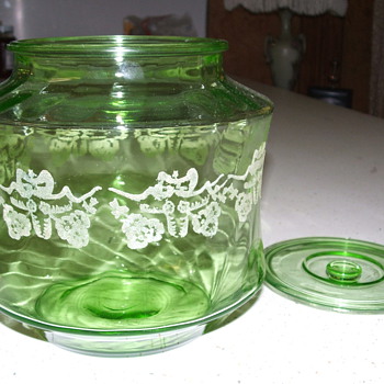 Green Depression Jar, with etching cut in glass. Need help with Info on this piece - Glassware