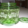 Green Depression Jar, with etching cut in glass. Need help with Info on this piece