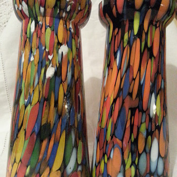 Pair Czech Spatter Hyacinth? Vases! - Art Glass