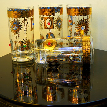 1960s Promotional Novelty Jeweled Glasses Turtle Sun Butterfly Unsigned Culver Barware