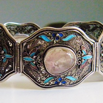 Antique Chinese Rose Quartz Enamel Filigree Panel Bracelet - Fine Jewelry