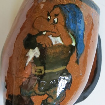 Antique Pottery Mug~Design, 2 Dwarfs~Conjoined AB Signature, Ring a Bell w/Anyone? - Kitchen