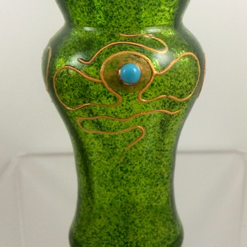 Loetz enameled aventurine mini-vase with turquoise cabochons, ca. 1903 - Art Glass