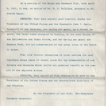 Teddy Roosevelt Signed Boone & Crockett Resolution for Sequoia National Park - Paper