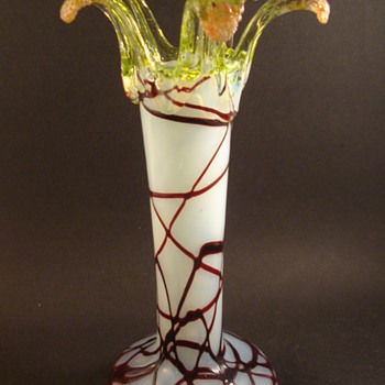 Bohemian Uranium Opalescent Threaded Vase - Art Glass