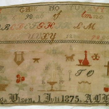 Cross Stitch Sampler from 1873?? Made by Inga Olsen 1861- 1893