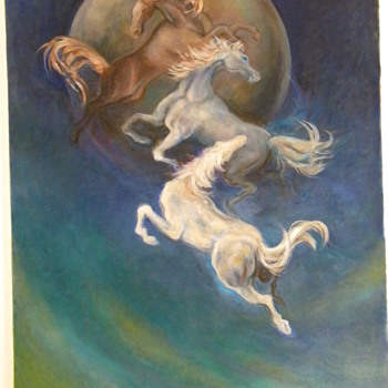 Vintage Oil Painting "Blue Moonstone Horses" By Reiko - Animals