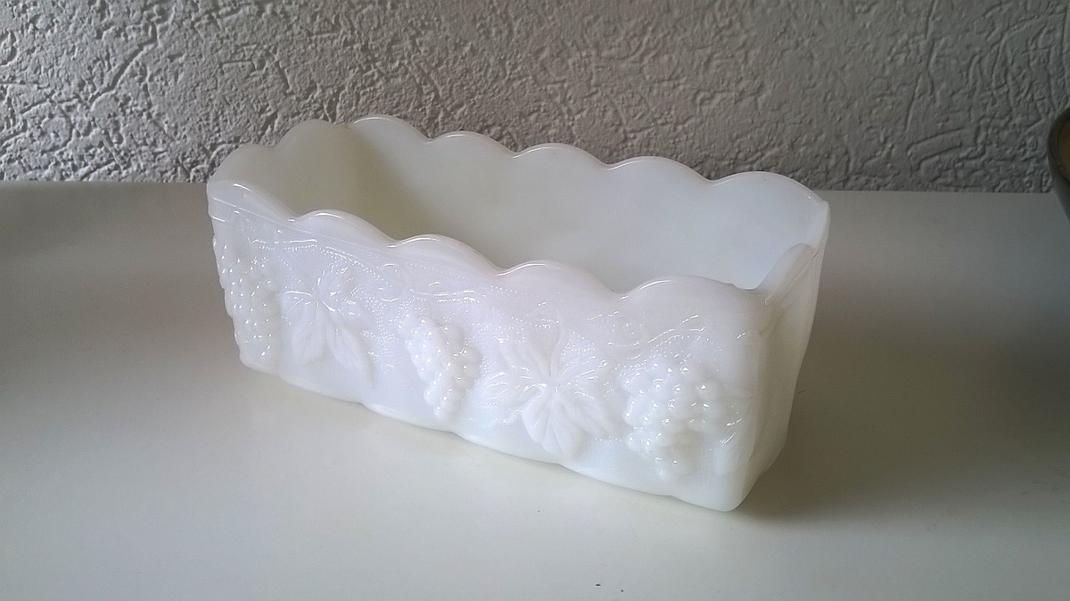 Anchor Hocking Fire King Milk Glass Rectangular Planter Grape Leaves