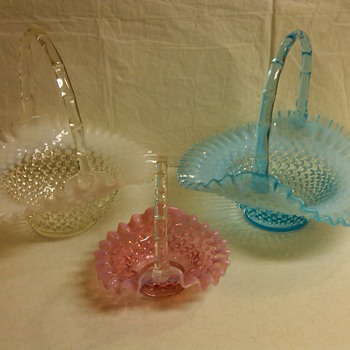 LARGE FENTON HOBNAIL BASKETS IN FRENCH OPAL AND BLUE OPAL AND RARE MINI CRANBERRY BASKET