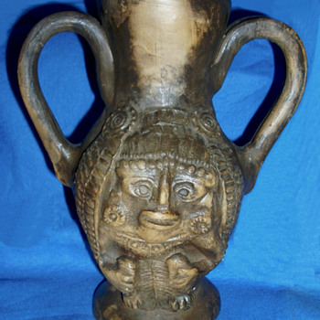 Native American Pottery Chief Wearing Eagle Feather Warbonnet - Native American