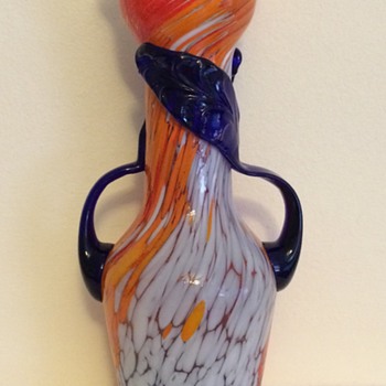 Art Deco blue handled vase with confetti / spatter - Art Glass