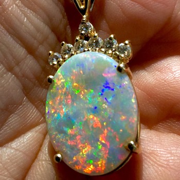 Vintage Harelequin? Crystal Opal Diamond 14k Pendant Necklace, 23mm X 16mm - Fine Jewelry
