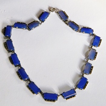 Vintage Deco Chalcedony Periwinkle Blue Marcasite Sterling Necklace Germany - Fine Jewelry
