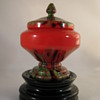 Kralik Red Tango Glass Covered Candy Dish Green and Amethyst Spatter Decor 1930's