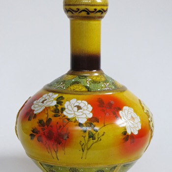 Japanese or Chinese Pottery Vase w/Handpainted Floral Design & Enamel Ornament - Asian