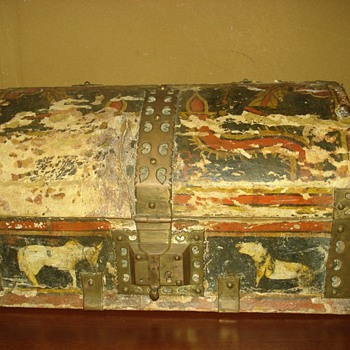 Antique Painted Leather Covered Jewelry Trunk