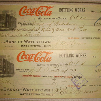 1928 Coca-Cola Bank of Watertown Checks