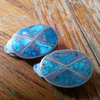 50's clip on earrings with turquoise? silver? and pat. 156452 - Fine Jewelry