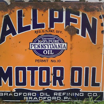 RARE ALL PEN Motor Oil Double Sided Porcelain Sign One of a Kind? Permit 10!