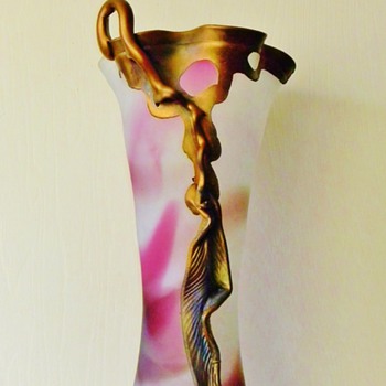 MCM Art Glass Grown Copper Handle Satin Vase Signed "Filip" Ravert 18.75" Romanian - Art Glass