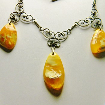 Antique Victorian Baltic Amber 865 Silver Lavaliere Filigree Necklace  - Fine Jewelry