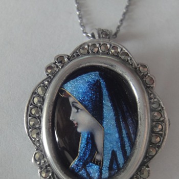 Virgin Mary Limoges  Pendant/Brooch Antique French Sterling Enamel and Marcasite
