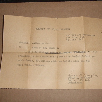 WW2 Authorization to wear a Combat Infantryman's Badge - Military and Wartime