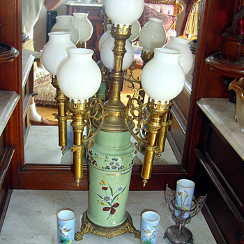 1880's Candelabra w 6 Flames Bristle Fireglow Glass - Lamps