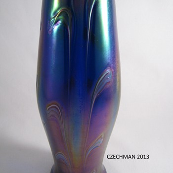 GORGEOUS Rindskopf Cobalt Blue Heavily Iridized Art Glass Vase Feathered Decor 1900 - Art Glass