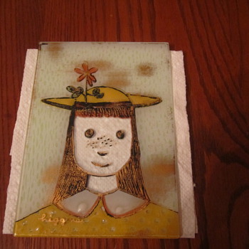 Higgins Mid Century Fused Art Glass Yellow Dress Girl with Flower in her Hat & Orange Dress Girl with a Bird in her Hat - Art Glass