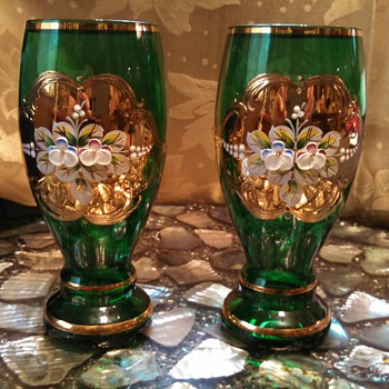 Czech Green Glass with enamel Floral and Gold - Glassware