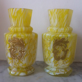 Pair of Welz hexagonal bud vase - variegated yellow, enamelled - Art Glass