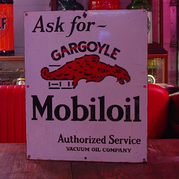 1920's Porcelain Sign...Ask for Gargoyle Mobiloil...Authorized Service Vacuum Oil Company