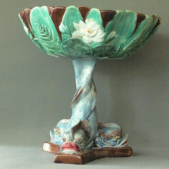 Majolica Holdcroft Dolphin Compote - Antique, Vintage - Pottery - 1800's - Early 1900's