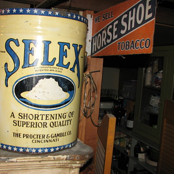Very large shortening can & porcelain tobacco sign