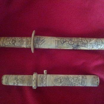 Pair Of Antique Chinese Ox Bone Knives - Asian