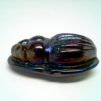 Large early tiffany favrile glass blue scarab beetle in uncut mold.