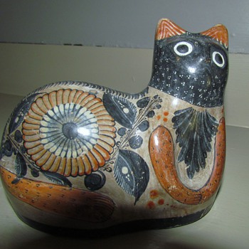 Halloween Cat - Mexican Tonala Style Ceramic Cat in Black, Grey and 'Orange'