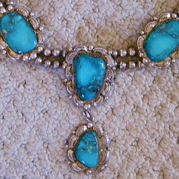 Vintage Navajo Turquoise Squash Blossom Sterling Necklace 
