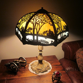 Pond Scene Slag Glass Lamp Dated 1907 - Lamps